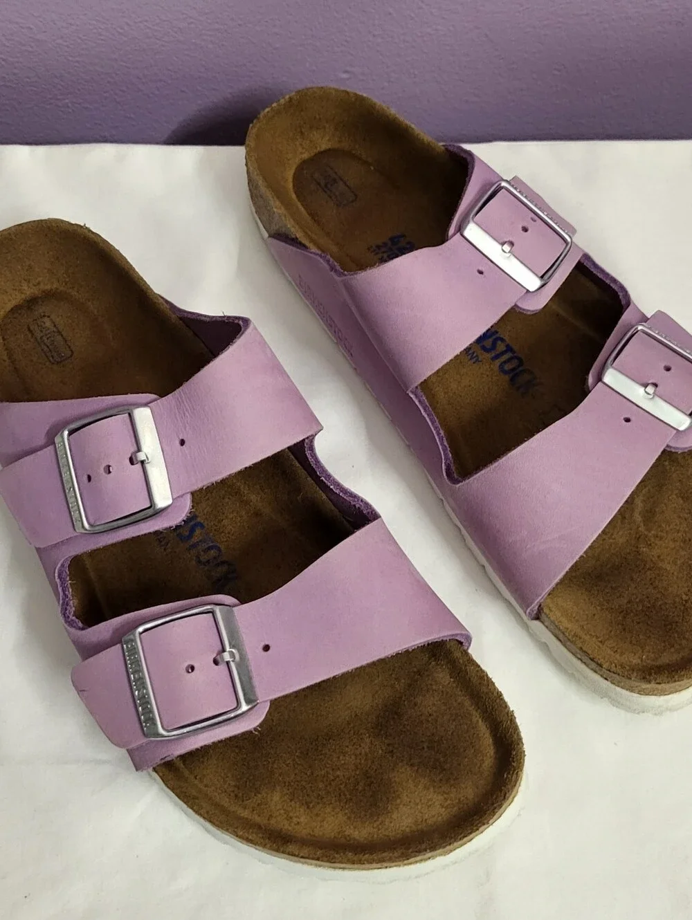 Birkenstock Women’s Lilac Arizona Suede Two-Strap Sandal